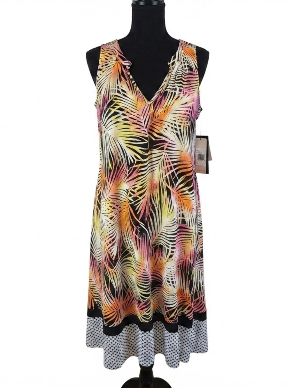 Ellen Tracy Black Palm-Print Midi Dress with Pink, Orange & Yellow Accents